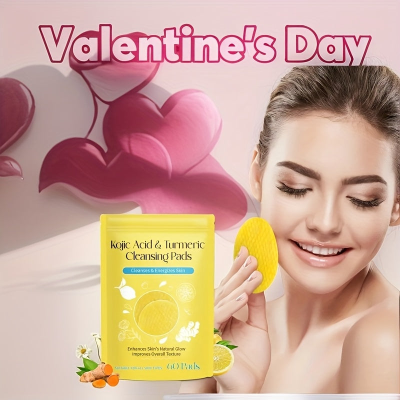 Kojic Acid & Turmeric Cleansing Pads: 60 Pads with Double-Sided Texture for All Light Beige Types - Gentle, Non-Irritating, And Infused with Curcumin, Chamomile, And Turmeric for A Natural Glow, Valentine's Day Gifts